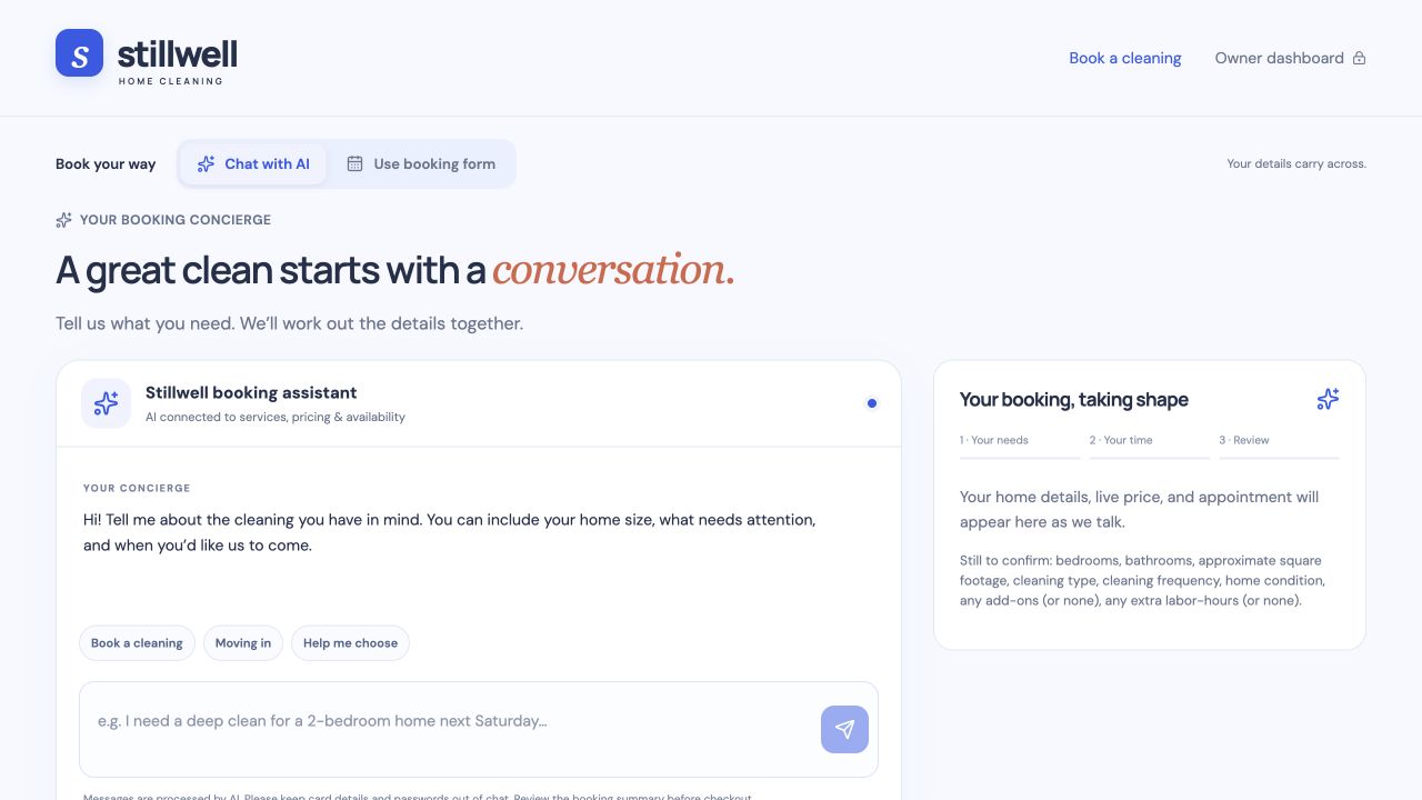 BookingPorter live sample showing the conversational booking assistant and booking summary for fictional Stillwell Home Cleaning.