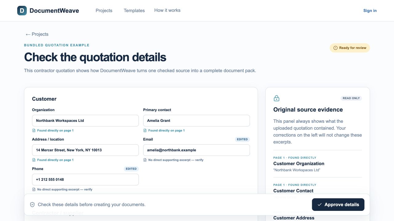 Document Weave bundled quotation sample showing editable customer details alongside original source evidence.